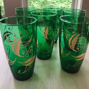 Set of 6 VTG Anchor Hocking Emerald Green Tumblers. Gold Leaves & Swirls RARE